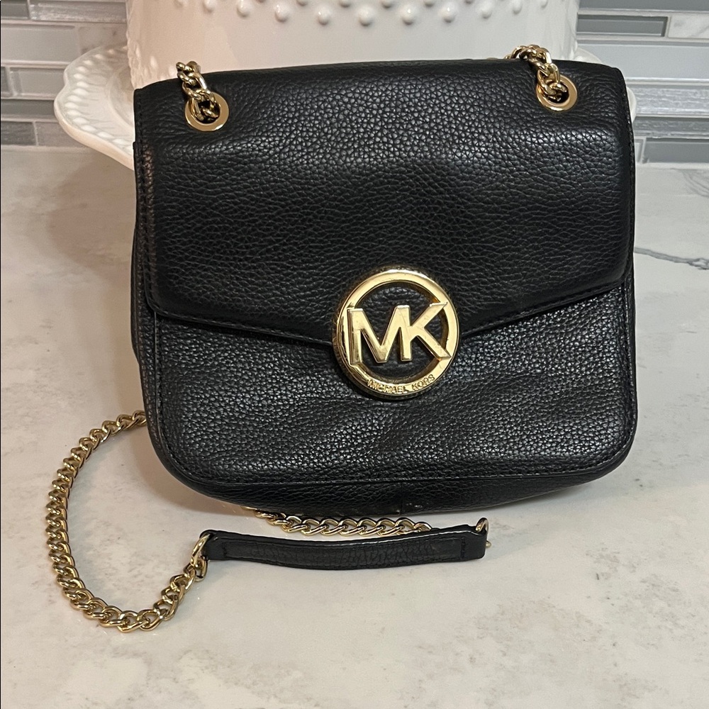 Michael Kors Black Pebbled Leather Chain Crossbody with Gold MK Logo